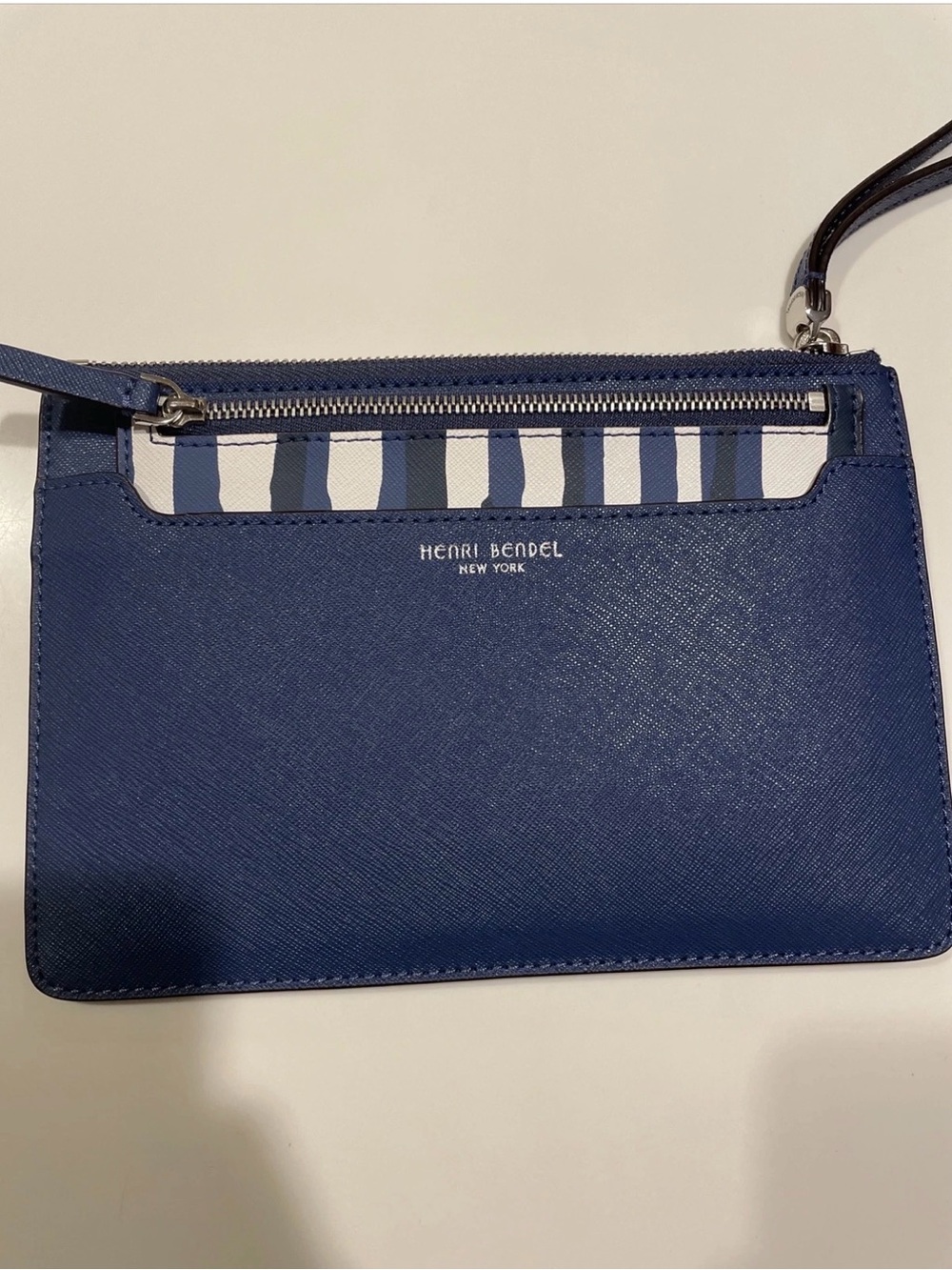 Henri Bendel Navy Blue Leather Wristlet with Striped Accent